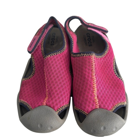 CROCS Pink and Gray Water Shoes with Velcro Closure Kids Sz 2 - Picture 1 of 14